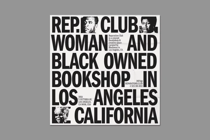 Black and white graphic poster featuring the text 'Reparation Club' and images of Black people, advertising a black-owned bookstore in Los Angeles.