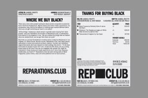 Monochrome graphic design layout featuring two mock receipt documents with bold black typography for Reparations Club brand identity.
