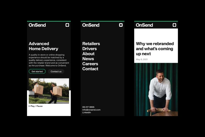 Three mobile app screens for OnSend, featuring home delivery, menu options, and a staff portrait on a black background.