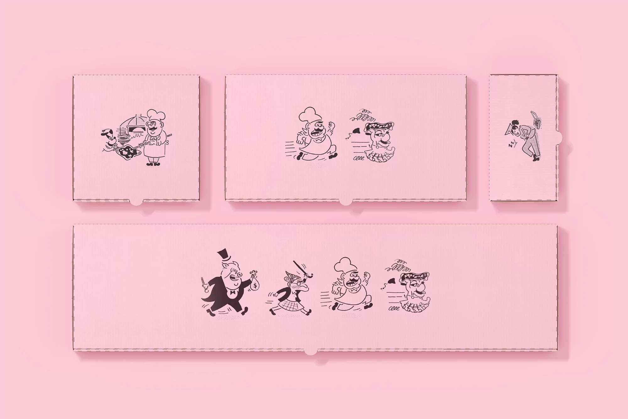 Illustration of chefs and people chasing a pizza on pink pizza boxes, arranged from small to large on a pink background.