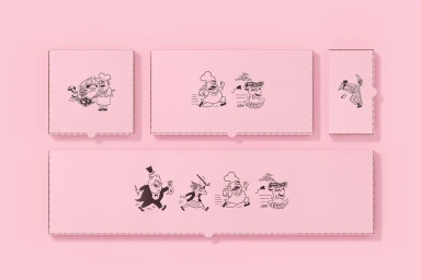 Pink packaging boxes featuring whimsical black line illustrations of characters against a solid pink background.