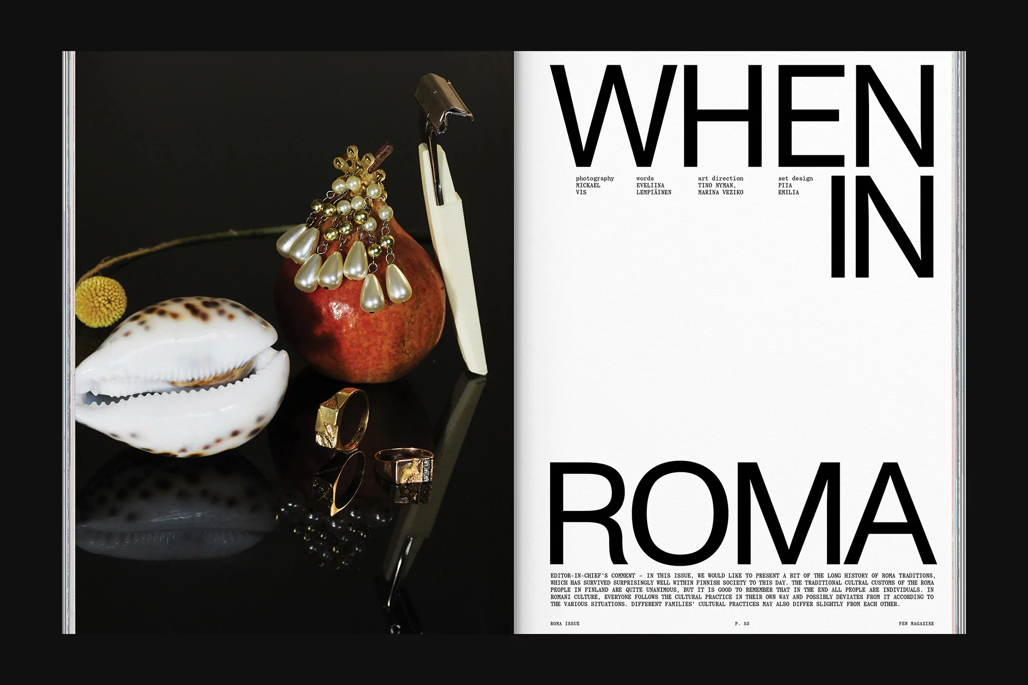 Magazine spread with jewelry, fruit, and sea shell against a dark background, contrasted with text and editorial content on the right page.