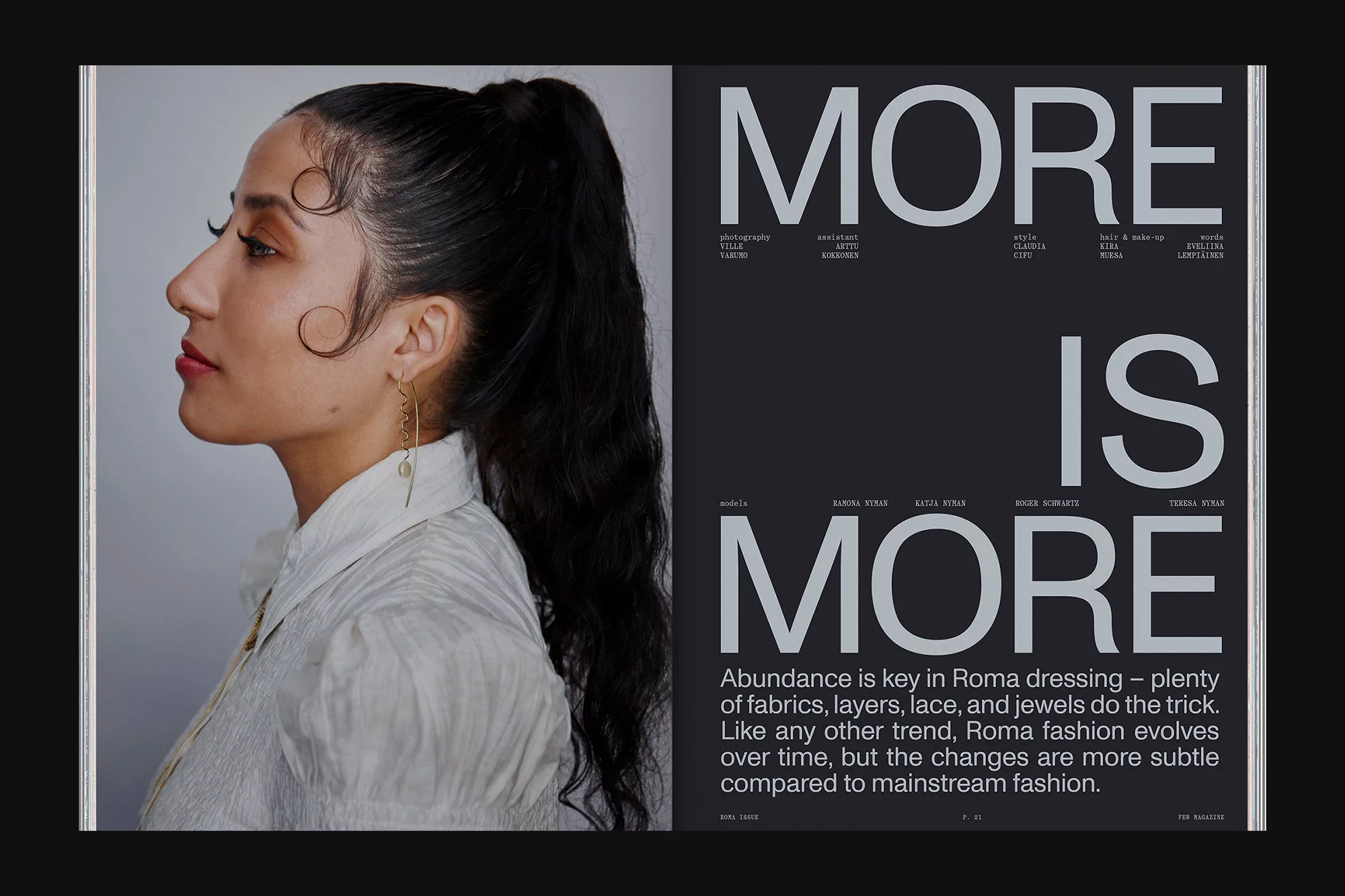 Editorial fashion shot of a woman in profile with side swept hair, wearing earrings and a textured white collared shirt.