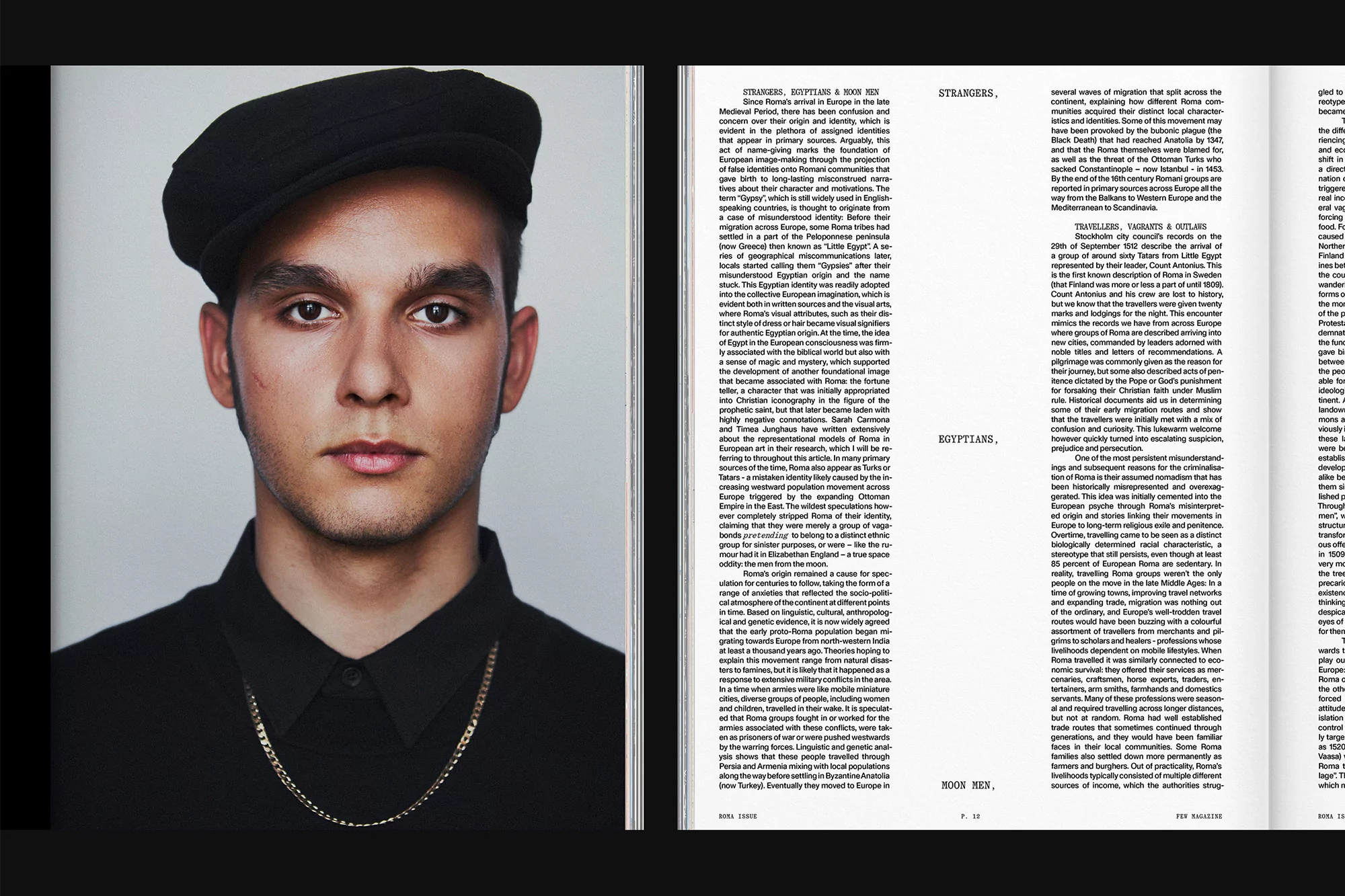 Portrait of a young adult man wearing a black cap and shirt with a gold chain against a bright background, featured in a magazine spread.