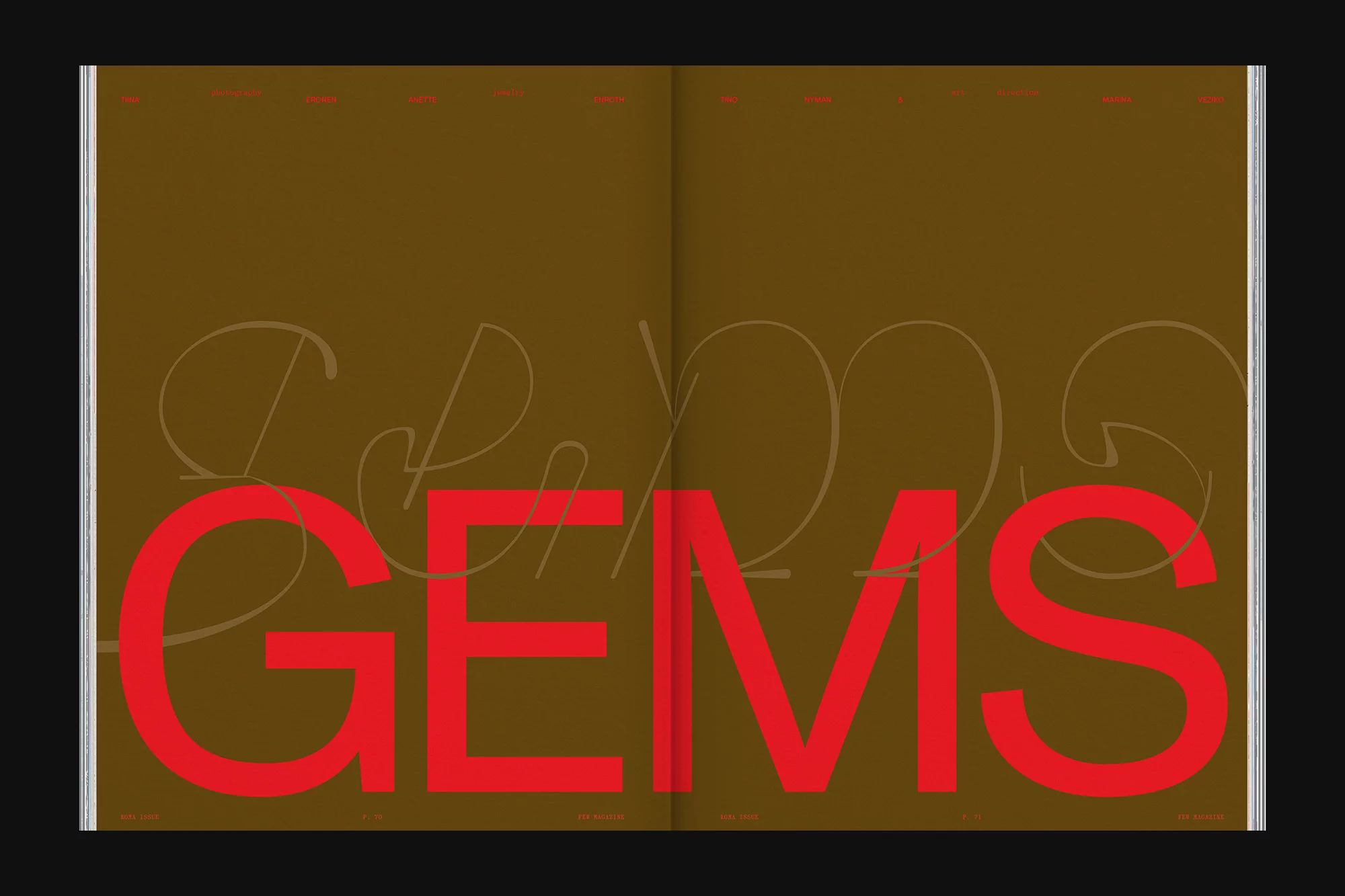 Magazine spread featuring large red 'GEMS' text overlaying faded typography on a brown background, graphic design.