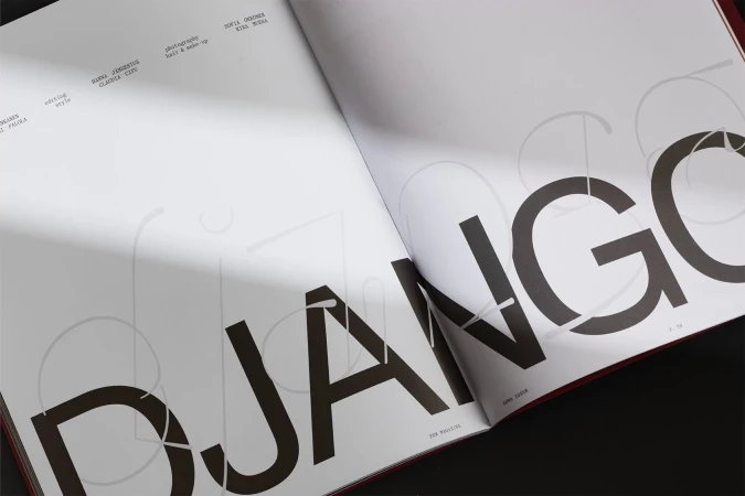 Magazine spread featuring bold typography, Django, with creative credits for photography, styling, editing, and hair and makeup displayed.