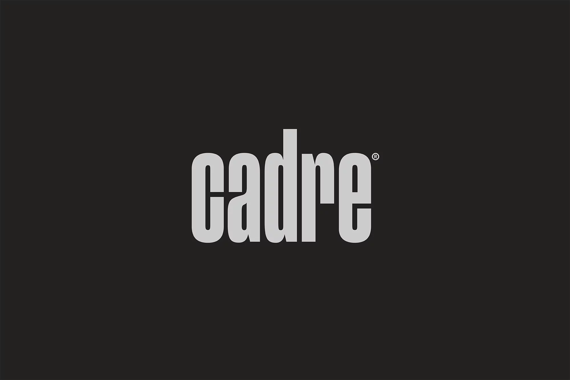 A simple logo graphic on a solid background features the word 'cadre' in a stylized, sans-serif typeface with rounded terminals and light gray color.