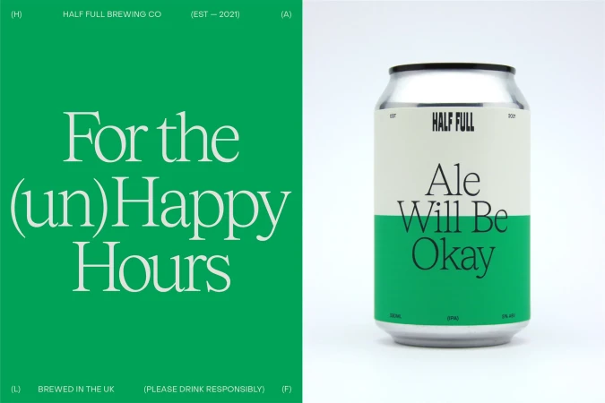 A can of Half Full Brewing Co. ale is shown on a white backdrop, next to green background with the text 'For the (un)Happy Hours'.