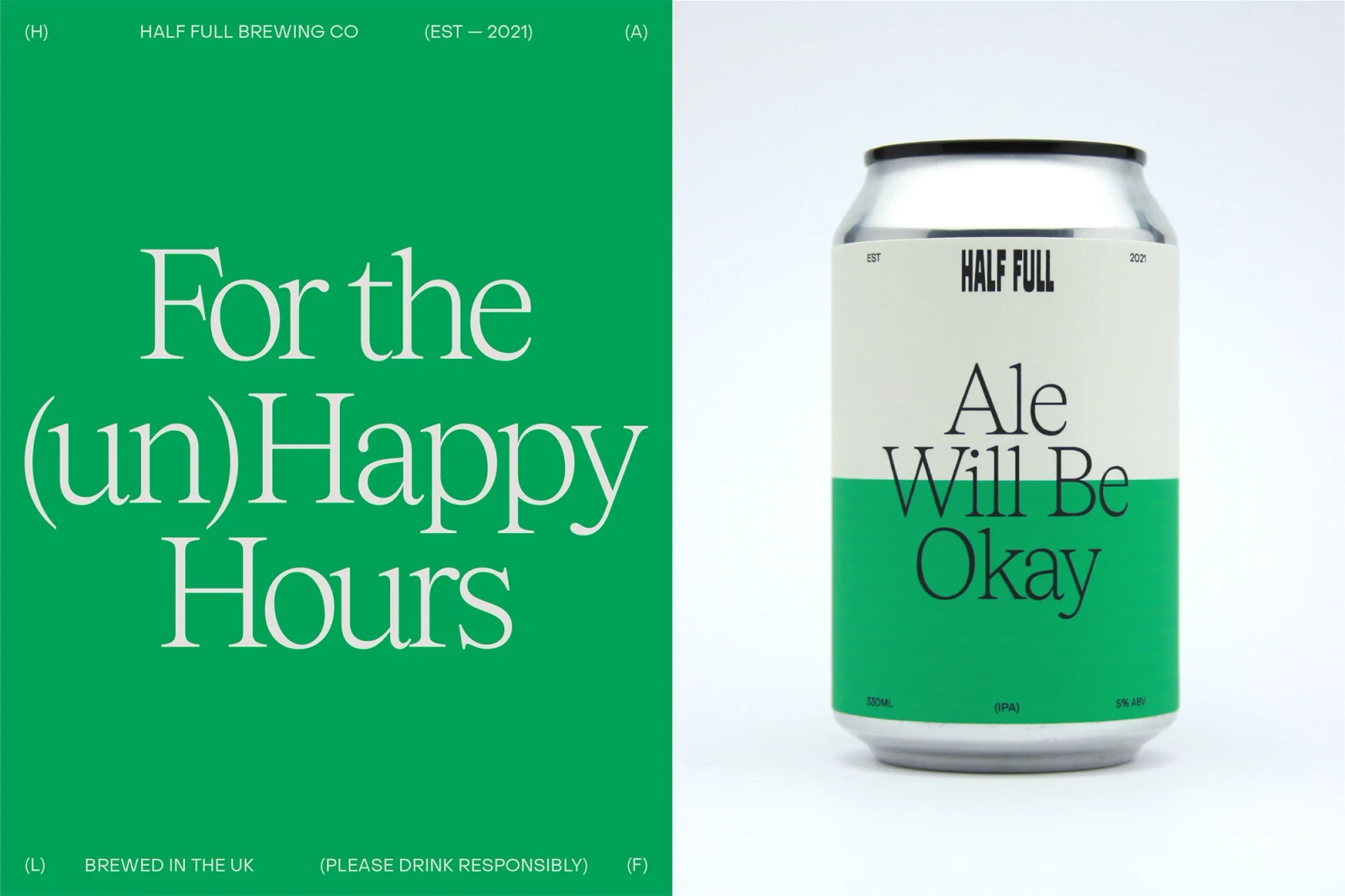 Green and white beverage can beside a bold green promotional graphic with serif typography.