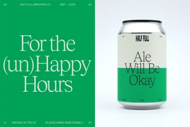 Green and white beverage can beside a bold green promotional graphic with serif typography.