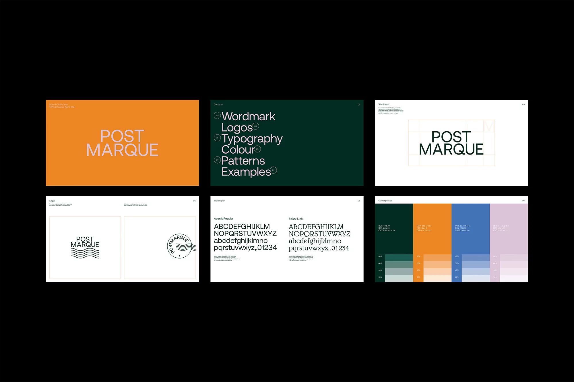 Brand identity presentation with logos and typography featuring 'Post Marque' in orange, green, white, and blue color palettes.