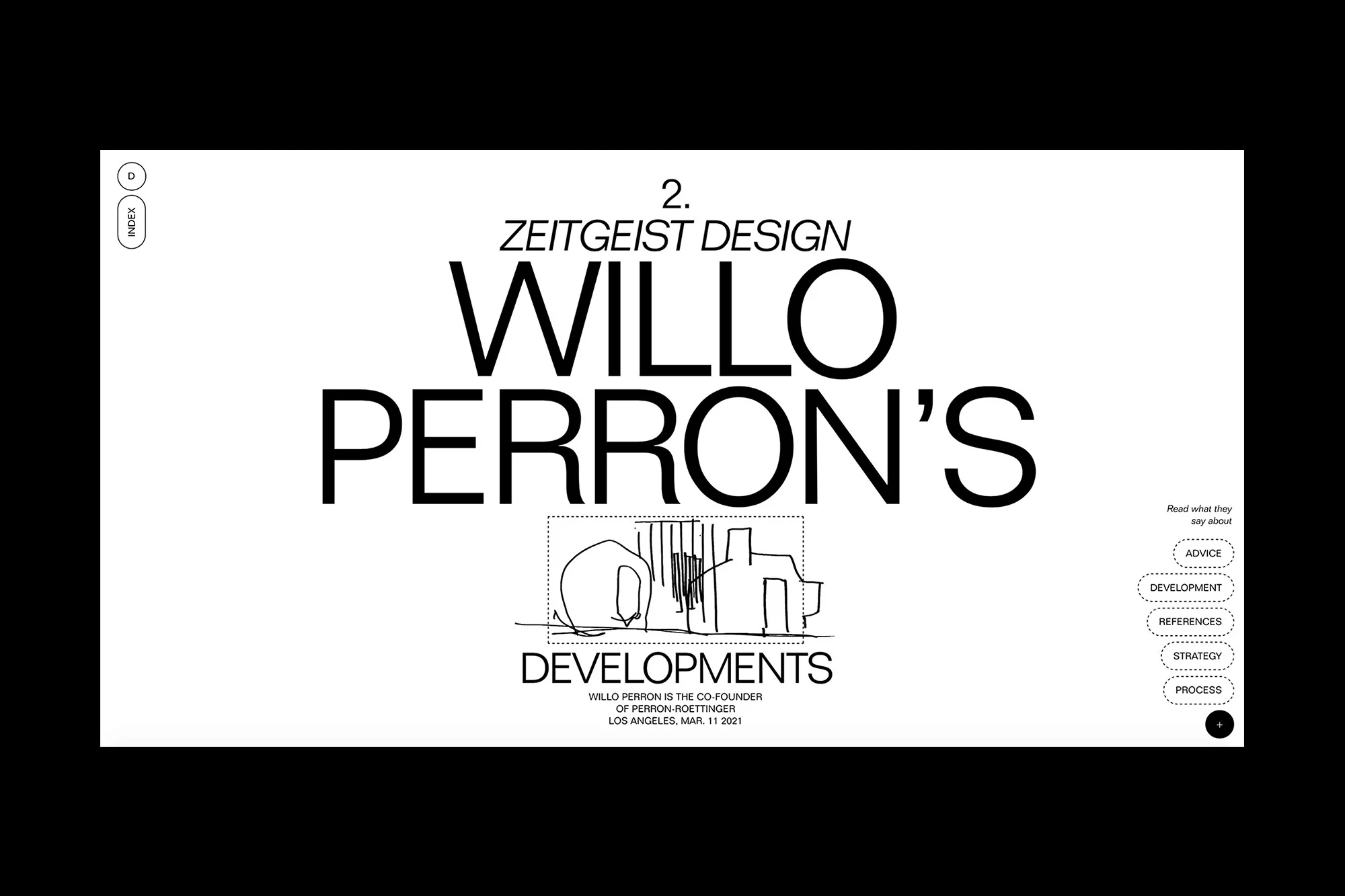Zeitgeist Design presents Willo Perron's Developments with an illustration and text elements on a white background with black accents.