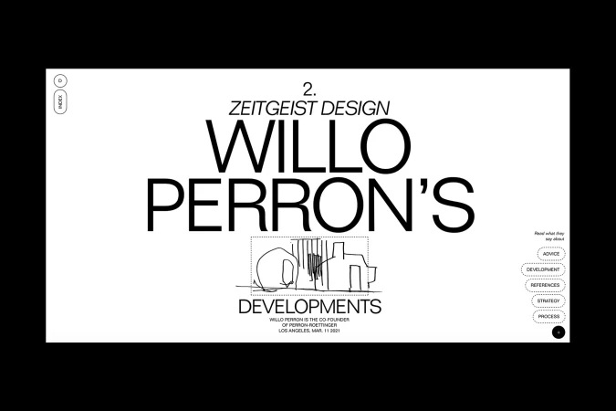 Zeitgeist Design presents Willo Perron's Developments with an illustration and text elements on a white background with black accents.