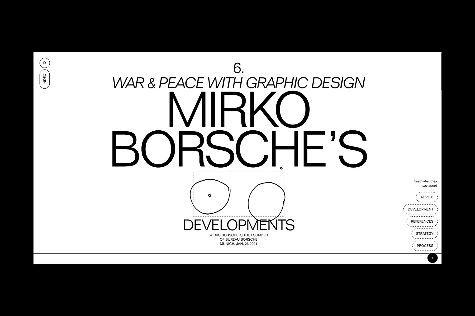 Graphic design layout featuring Mirko Borsche's name with 'War & Peace With Graphic Design' text, alongside design elements and text.