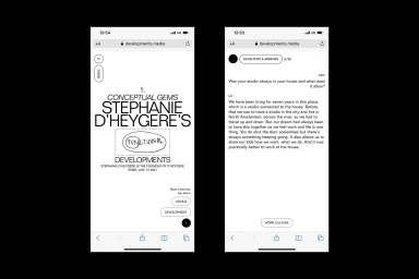 Two mobile phone screenshots showing minimalist black and white web interface design featuring bold typography and text layouts.