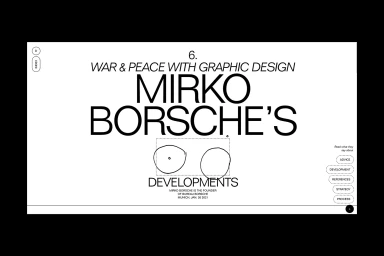 Minimalist digital interface design featuring bold black typography reading War & Peace with Graphic Design Mirko Borsche's Developments.