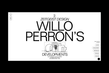 Minimalist digital brand identity webpage interface displaying bold typography and a hand-drawn architectural sketch on a white background