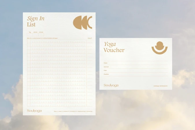 Yoga studio marketing materials: sign-in list and voucher featuring a matching modern logo element, against a dreamy sky background.