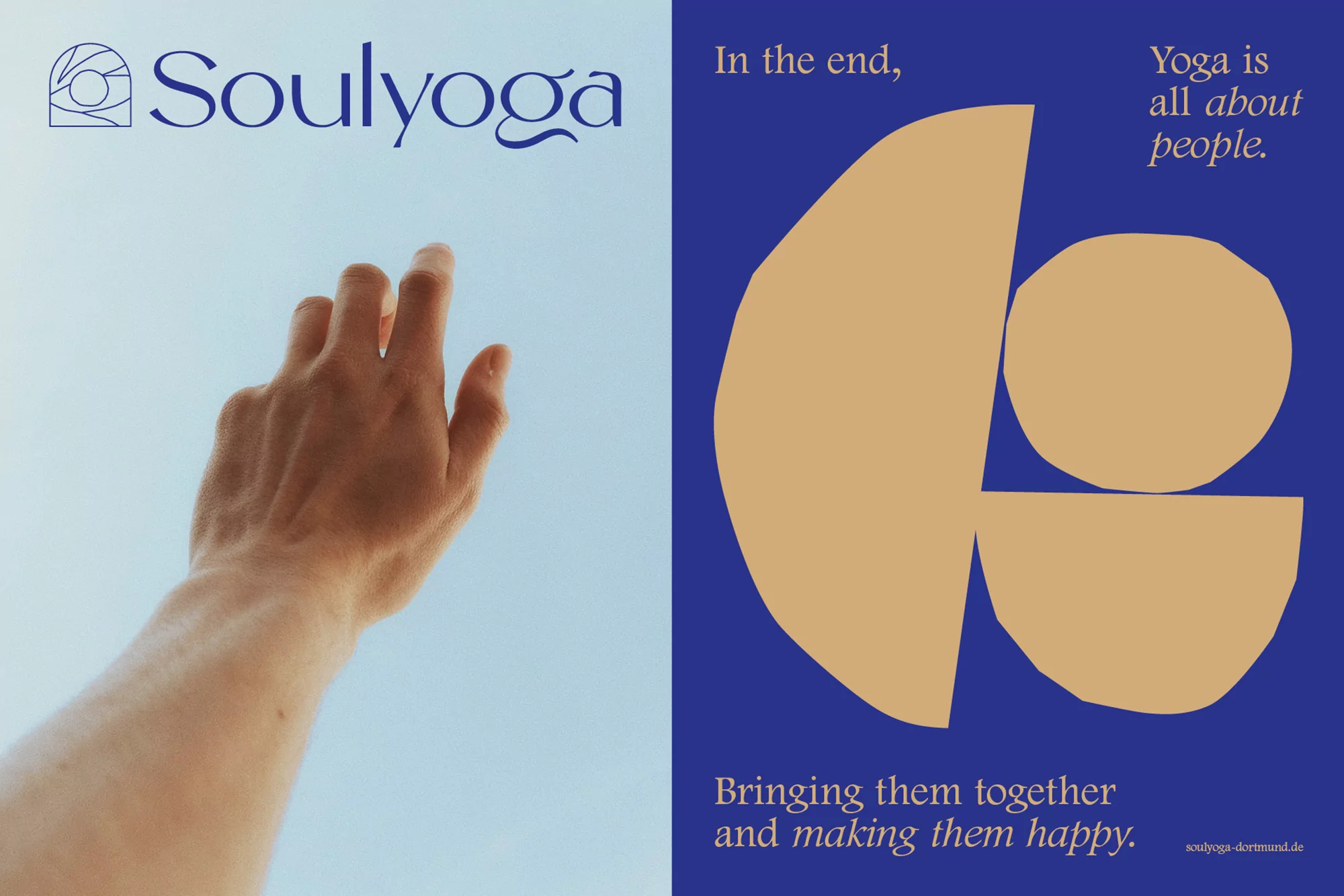 Human arm reaching toward blue sky next to a blue graphic design poster with tan shapes and yoga-related text.