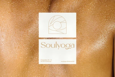 Close-up of human skin covered in sweat droplets with a white rectangular logo card overlay featuring Soulyoga branding.
