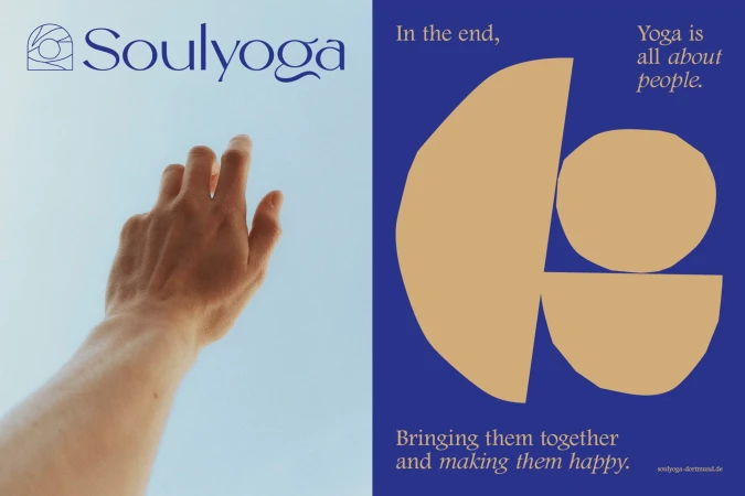 A close-up image of a hand reaching up against a light blue sky next to a blue poster with abstract tan shapes and typography.