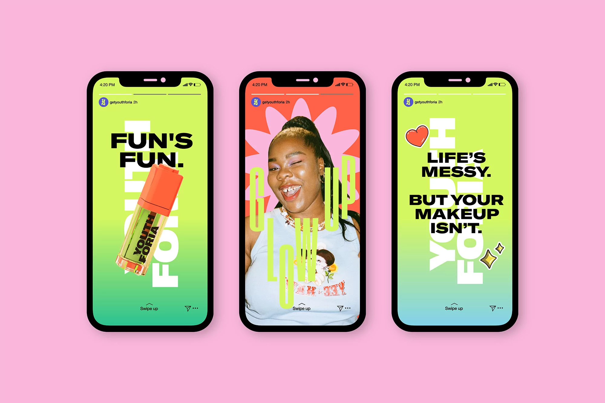 Three phones display a makeup product and advertising for Youthforia makeup, set against a pink backdrop. Beauty product promotion.