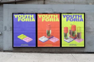 Three vibrant outdoor advertising posters for Youthforia featuring colourful makeup bottles and building block props on a concrete wall.