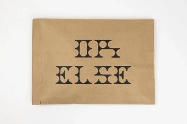 Brown paper envelope with custom black typographic branding centered against a plain white background