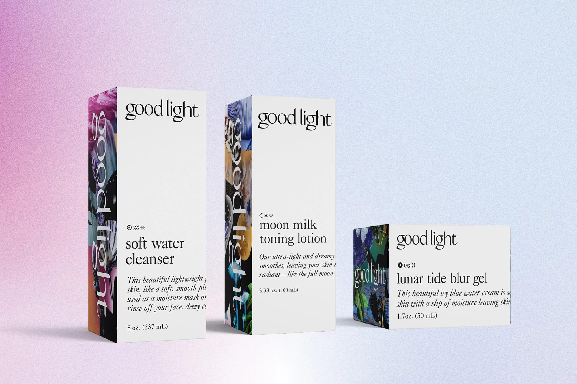 Good Light skincare product boxes against a graduated pink and blue background, featuring cleanser, lotion, and blur gel.