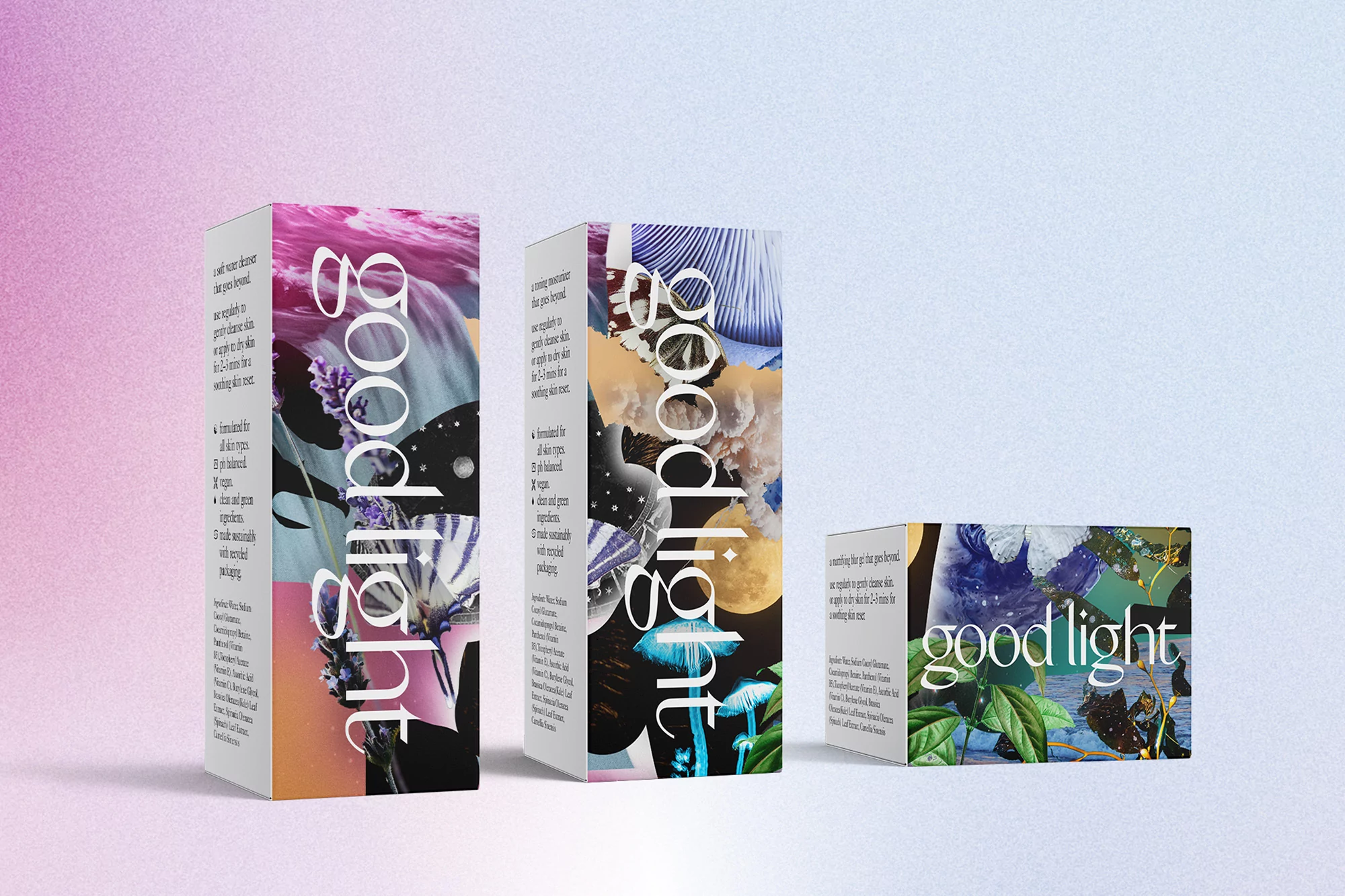 Three 'Good Light' product boxes arranged on a light gradient background, showcasing a modern design and vibrant nature-themed graphics.