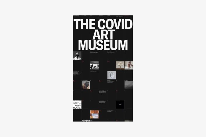 Poster for The Covid Art Museum with grid of small images and text. Features various creative expressions during the pandemic.