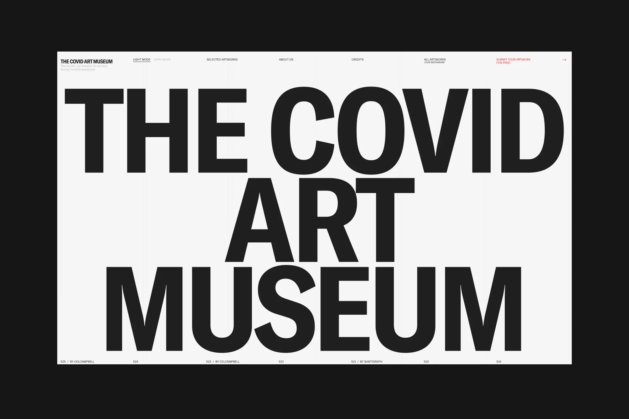 Promotional image for The Covid Art Museum featuring large black text on a white background, and black background, design and typography.
