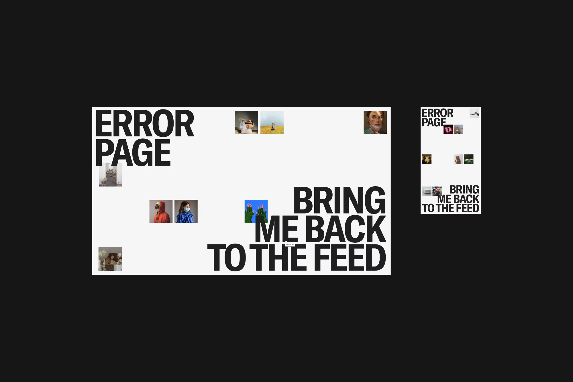 Graphic design featuring text "ERROR PAGE" and "BRING ME BACK TO THE FEED" interspersed with small, varied images on a clean white background.