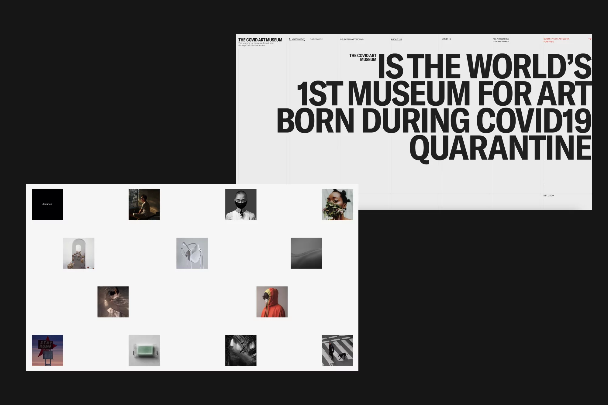 Websites for the Covid Art Museum are visible against a black background, featuring website text and curated images of artwork.