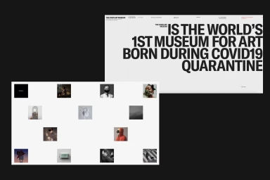 Web interface design for COVID Art Museum featuring bold typography and a grid of artistic thumbnails.