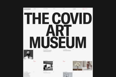 Website interface showing The Covid Art Museum brand identity with bold typography and a grid layout of artworks.