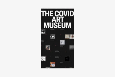 The COVID Art Museum brand identity interface featuring bold white typography and a dark grid layout of small artworks.