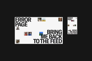Website error page layout featuring bold black typography and small thumbnail images on a white background