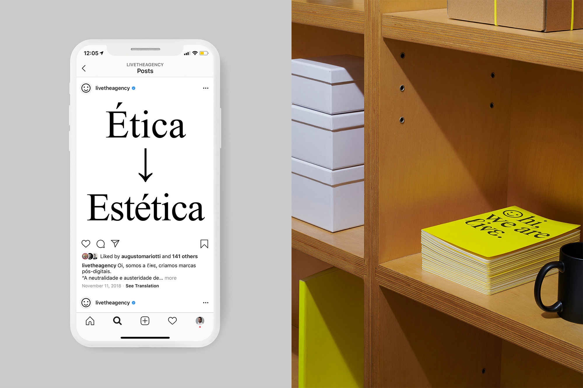 Image displaying a cell phone with the words 'Ética' and 'Estética' and a bookshelf with books, boxes, and a mug.