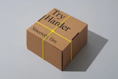 Brown cardboard package secured with yellow rubber bands against a pale grey seamless background