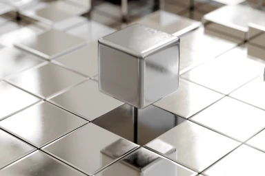 Close-up of a metallic silver cube levitating above a grid of polished square metal tiles on a reflective surface.