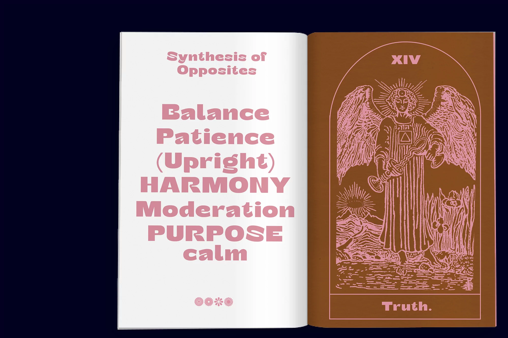 Open book with graphic tarot-style image of winged figure with pink linework and brown background on right, text on left.