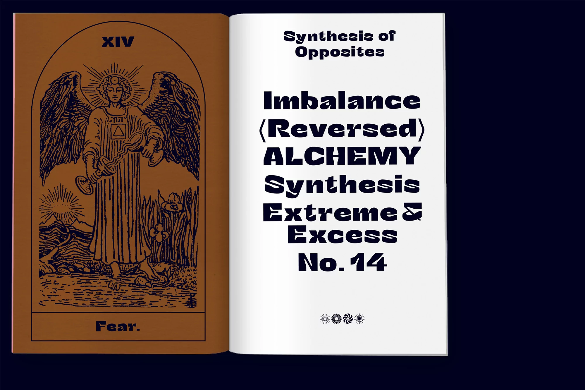 Open book shows a brown illustration of an angel-like figure with mountains and a chalice along with alchemic text and symbols in black.