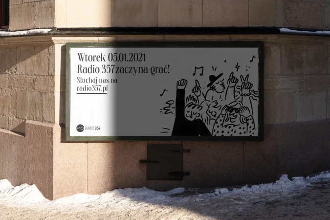 Outdoor billboard advertisement for Radio 357 featuring an illustration of music fans and the station's launch date.