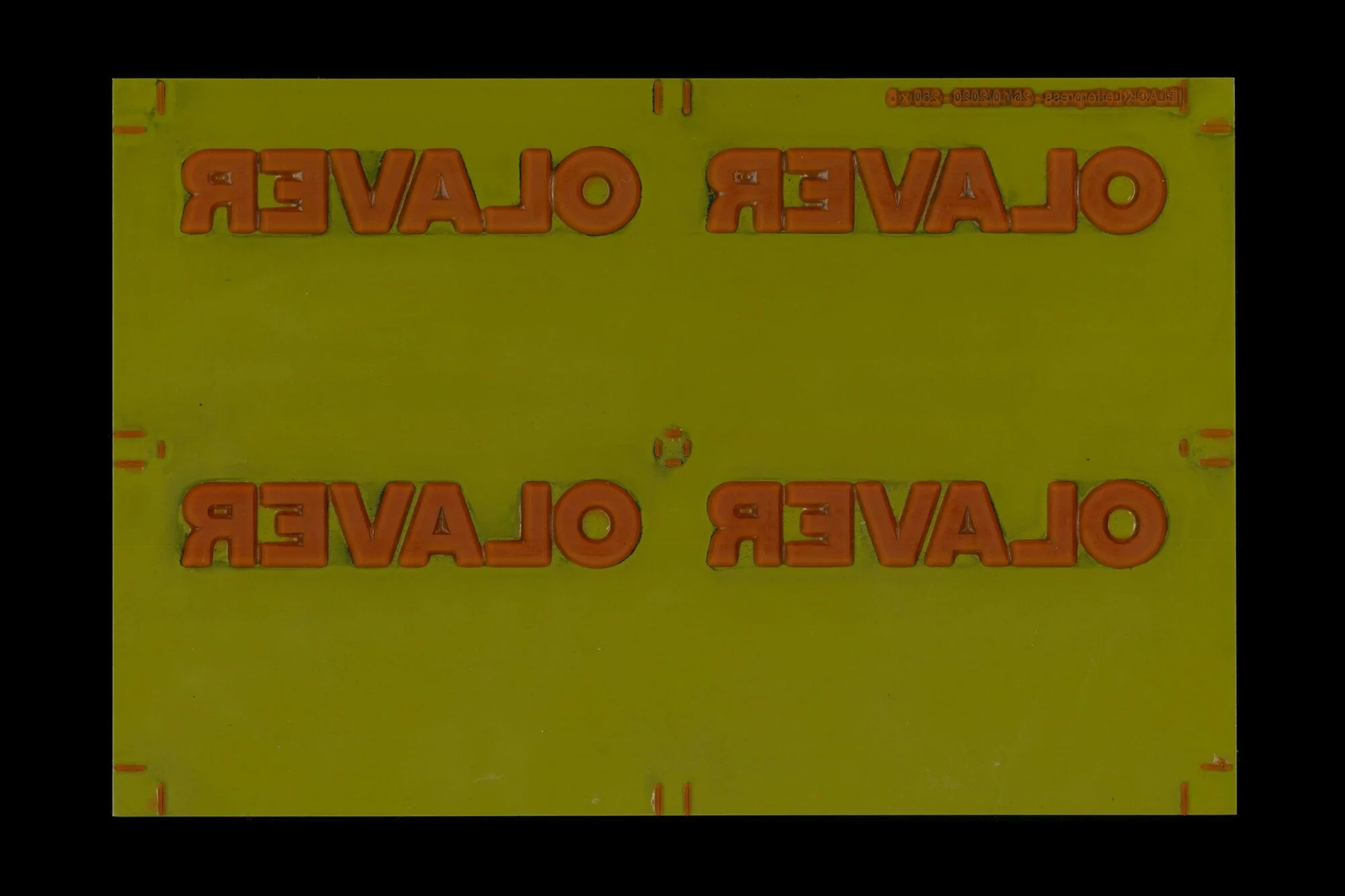 Geometric pattern features repeating 'OLAVER' text in vibrant orange against a green backdrop, creating a visually striking design element.