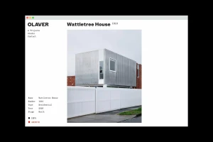 Website mockup displaying architecture project Wattletree House by OLAVER Architecture featuring a modern metal-clad building exterior