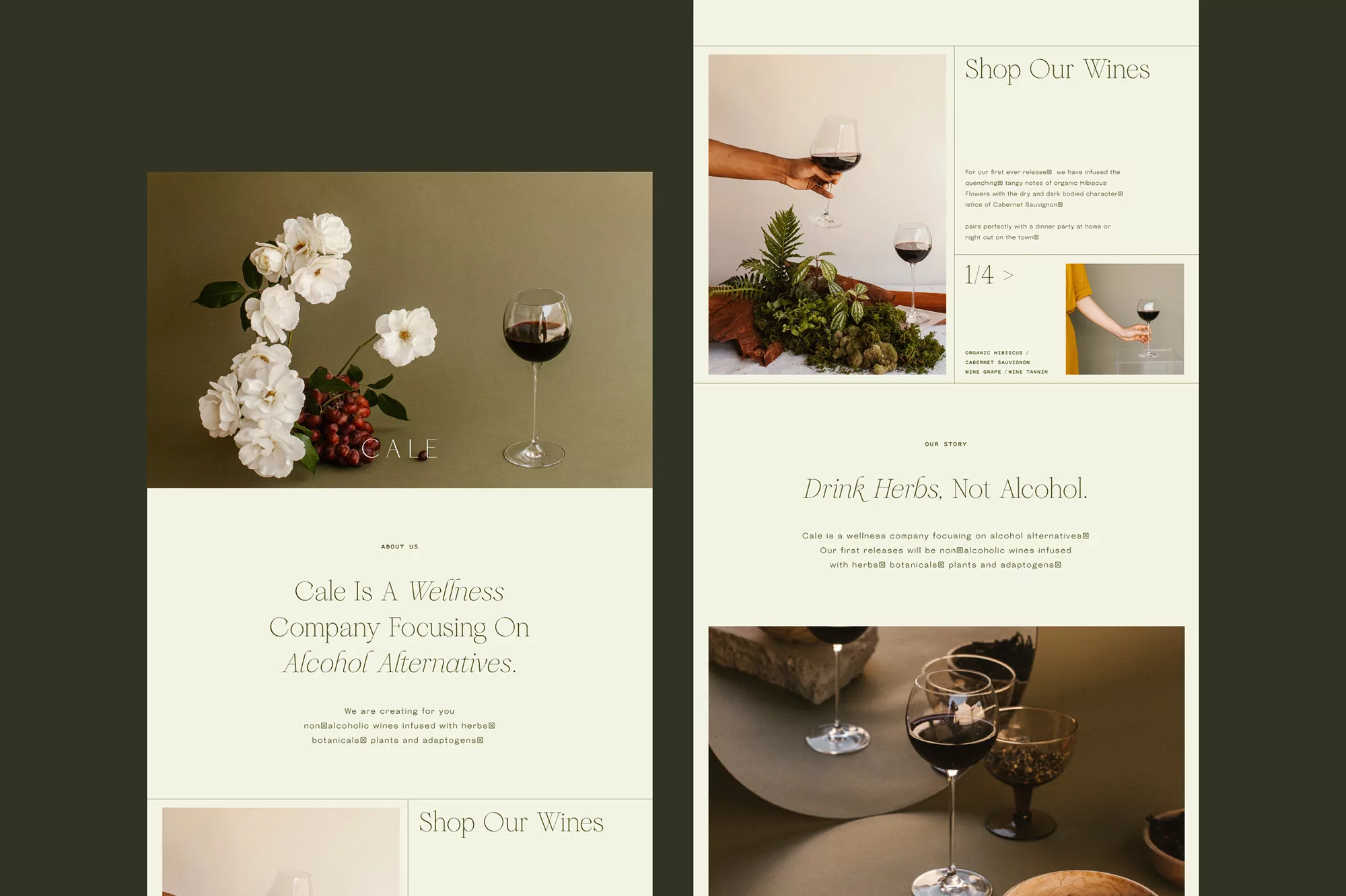 Website showcases wine glasses and floral arrangements, set against an olive green background. Text about wellness company included.