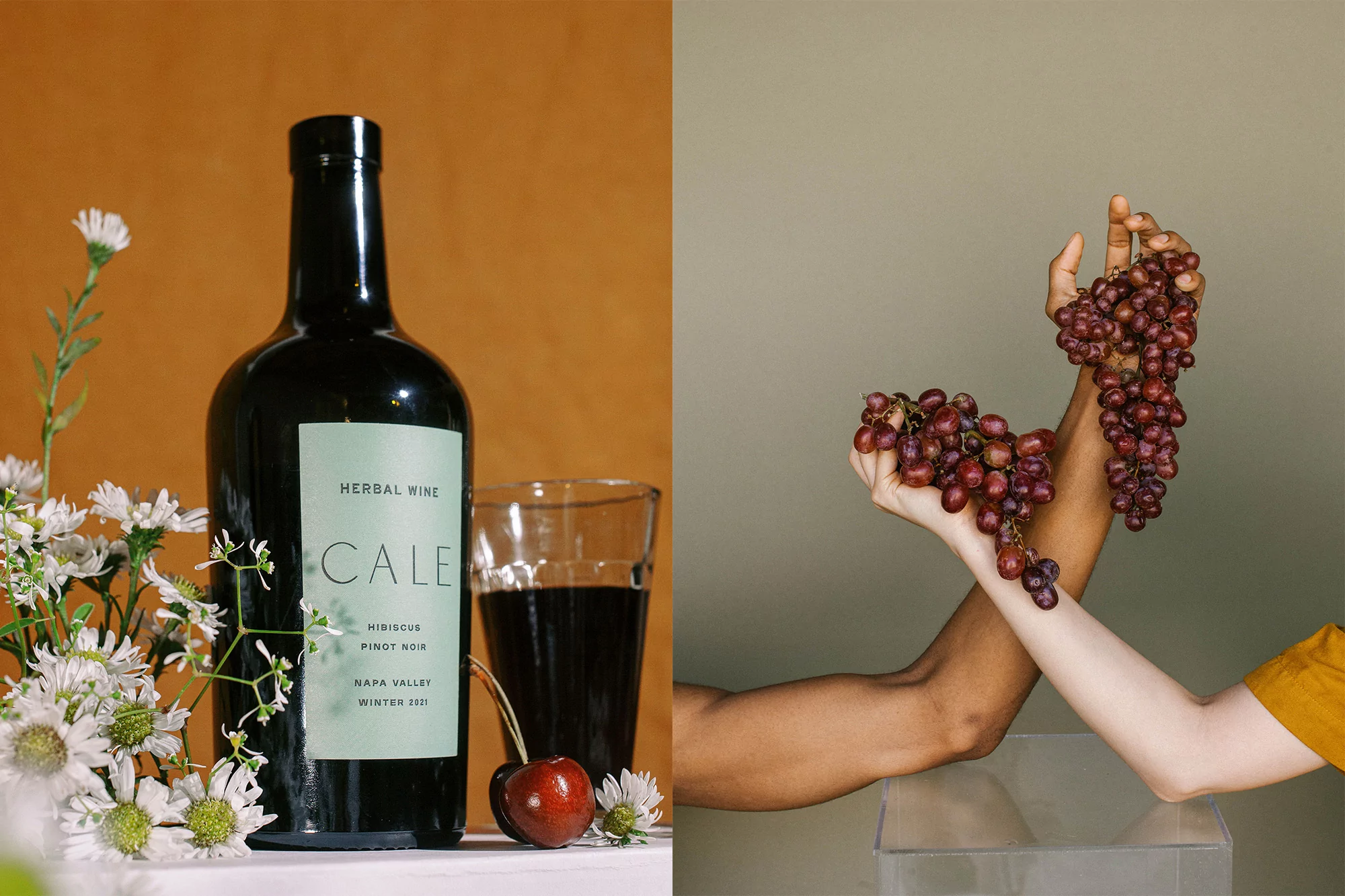 Wine bottle and glass with flowers and cherry, alongside two arms holding grapes in a split-screen studio still life.