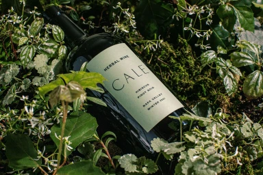 A dark wine bottle resting amongst green foliage, moss, and small white flowers with a pale green label for Cale.