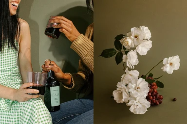 Diptych image featuring two women holding glasses of dark red beverage on the left, and white roses with grapes on the right against an olive background.